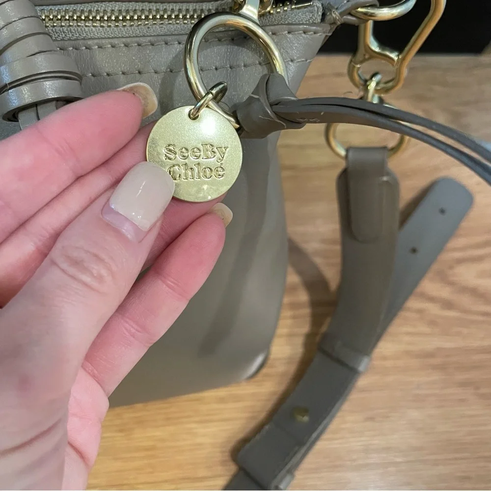 See by Chloe Emy Patchwork Suede Taupe Grey Shoulder Bag w Crossbody Strap - Picture 12 of 16